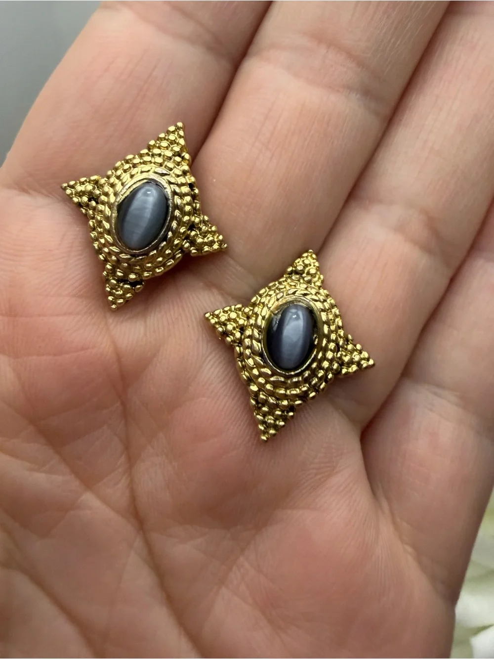 Gold-Tone Beaded Square Earrings with Black Cabochon
